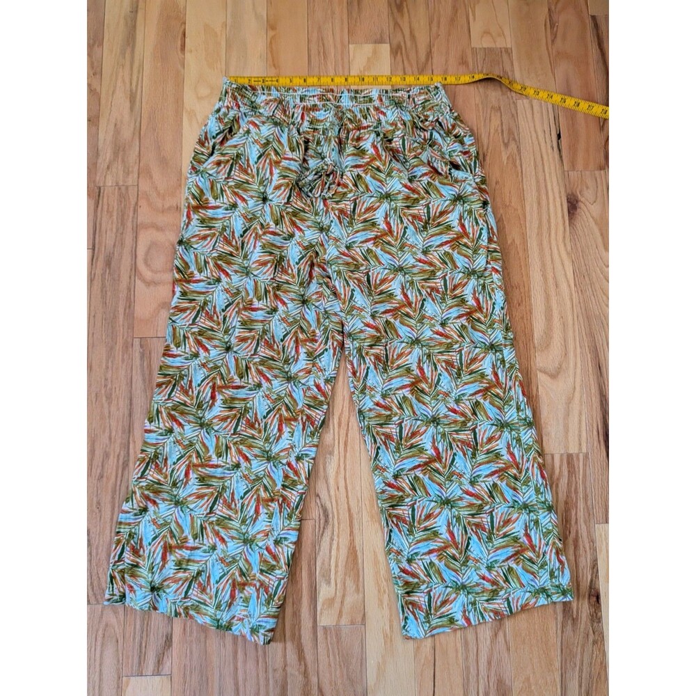 Briggs Linen Rayon Pull On Pants Size 14 Floral Green Orange Blue Loose Flowy